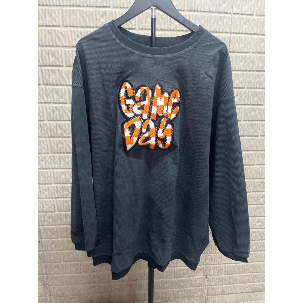 Game Day Corduroy Oversized Long Sleeve Sweatshirt Top XL‎ Gray Orange White
